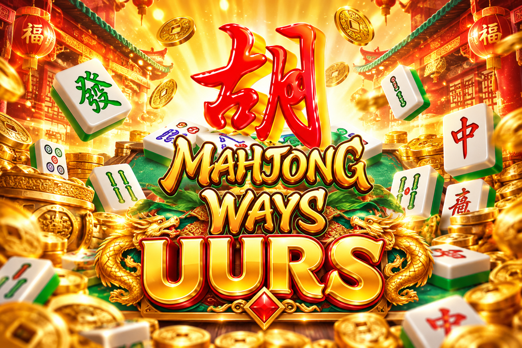 Game Mahjong Ways UURS dengan ubin mahjong, naga emas, koin keberuntungan, lentera merah, dan suasana kuil bernuansa emas