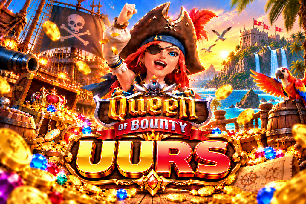 Game Queen of Bounty UURS dengan ratu bajak laut, kapal, peti harta karun, koin emas, permata, burung beo, dan pulau tropis